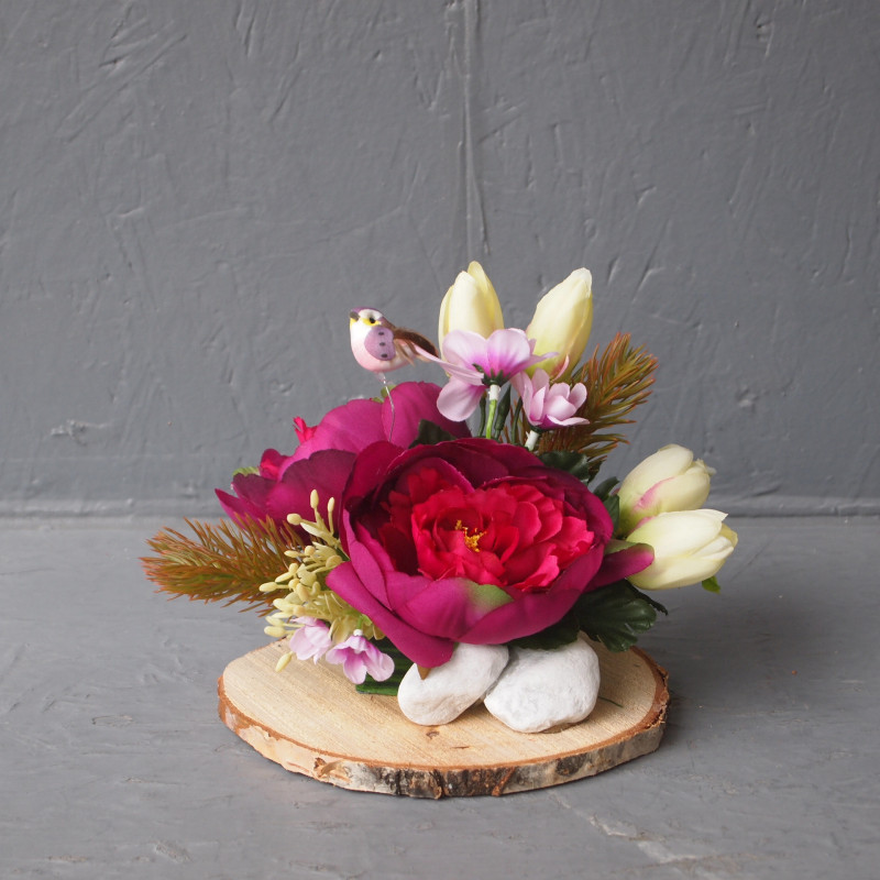 Rondin bois oiseau et fleurs