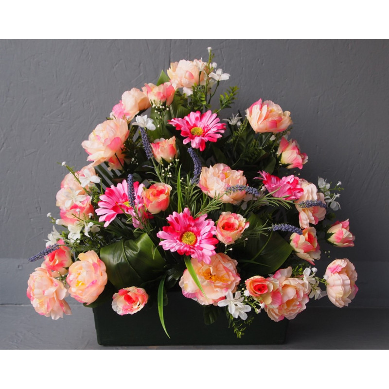 Jardinière face pivoines-gerberas