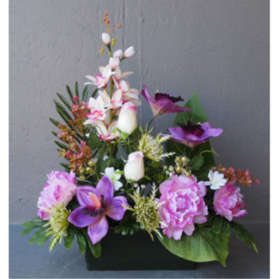 Jardinière face orchid-pivoines