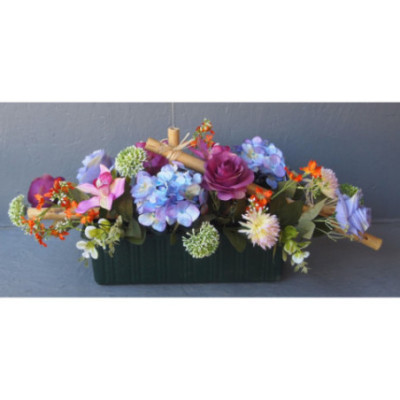 Jardinière allongée vintage roses-hortensias