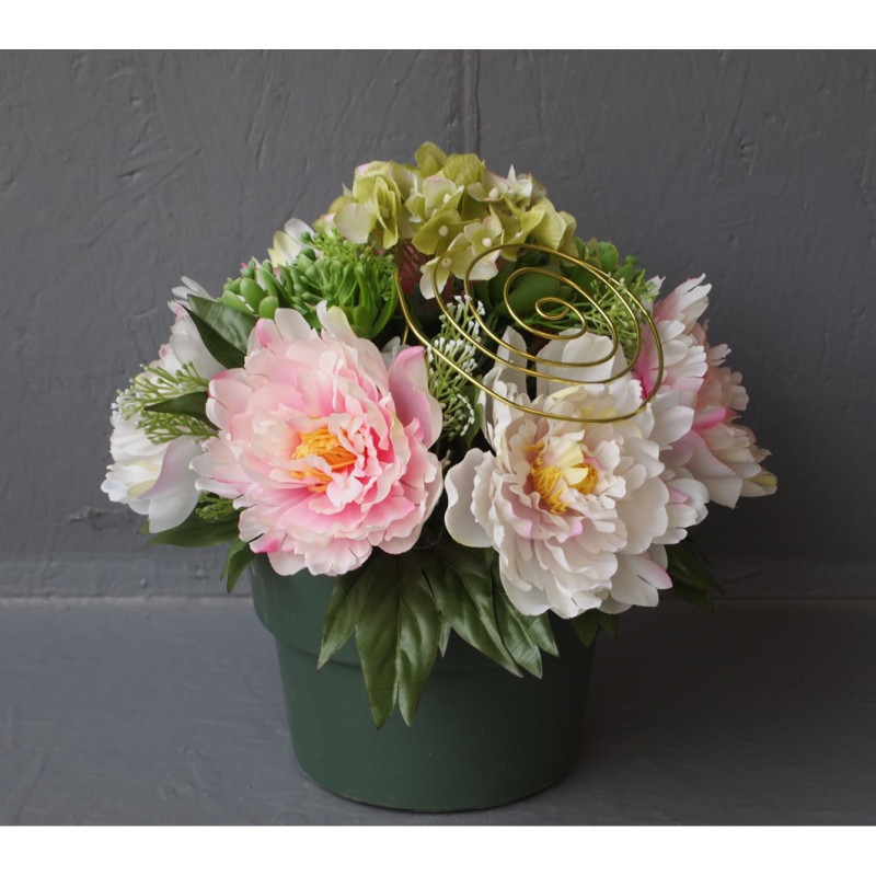 Compo coupe colorée hortensias-pivoines