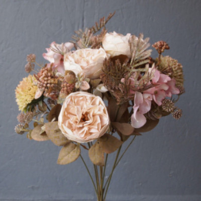 Bouquet rond imitation fleurs séchées, roses Anglaises