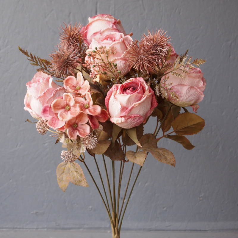 Bouquet rond imitation fleurs séchées, roses bouton