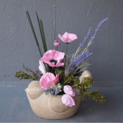 Figurine ciment Oiseaux pot coquelicot
