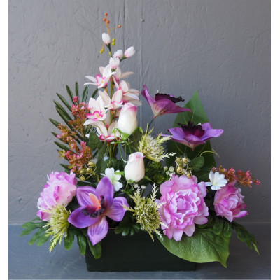 Jardinière face orchid-pivoines